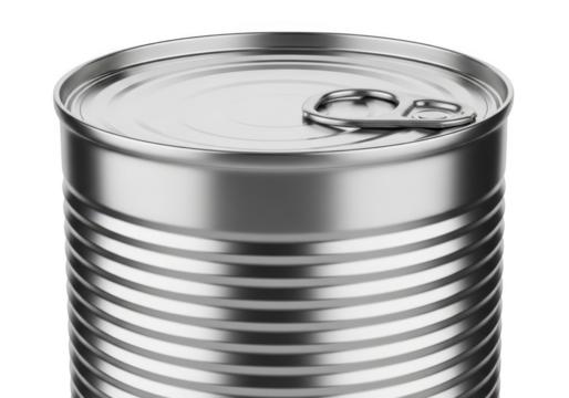 Close up of a shiny silver metal food can with a pull tab lid, isolated on transparent background