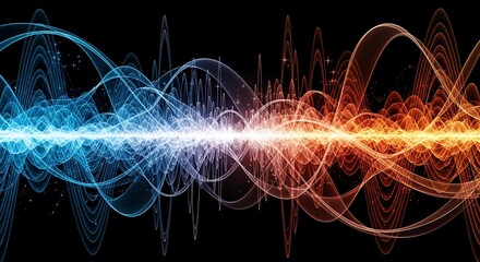 Digital Soundwave or Light Pulse with Particle Effects. Abstract colorful technology, music, or energy visualization, science background.