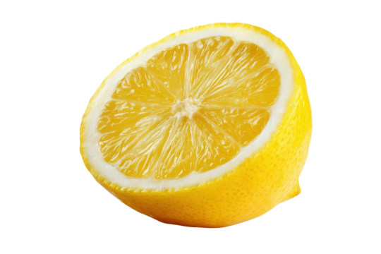Bright yellow lemon half with visible segments and white pith on black background citrus fruit, Isolated On White Background, Png Transparent