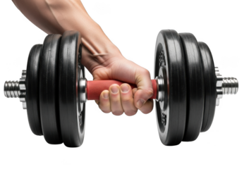 Close up of a muscular hand gripping a heavy adjustable dumbbell with black weight plates isolated on transparent background