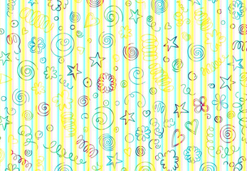 Vibrant abstract doodle pattern with playful stars, swirls, and squiggles over cheerful yellow and blue stripes, creating a lively and energetic background design