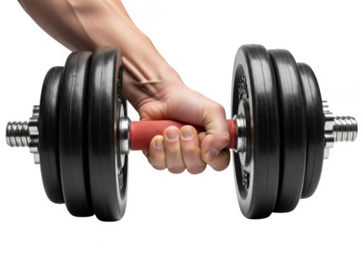 Close up of a muscular hand gripping a heavy adjustable dumbbell with black weight plates isolated on transparent background