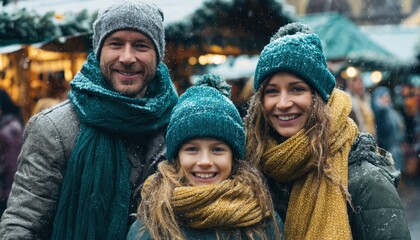 Fototapeta premium Smiling family members bundled in warm clothing pose together outdoors during winter snowfall