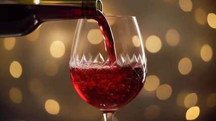 A crystal glass filled with red wine against a blurred golden background. - Powered by Adobe