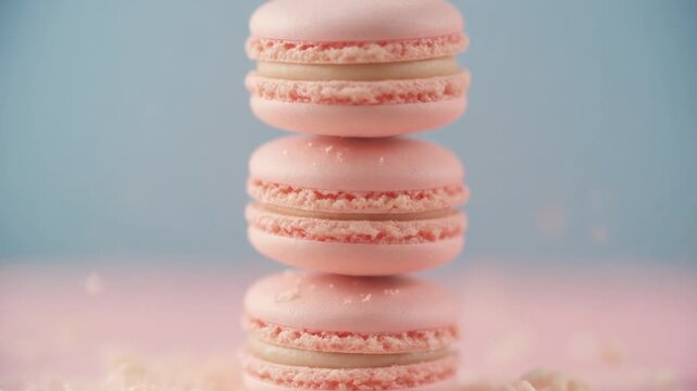 Stacked pink macarons with a pastel background.