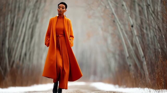 A fashionable woman walks confidently along a tranquil, tree-lined path in striking orange attire, blending elegance and boldness in a serene natural setting during winter.