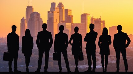 Dynamic team of business professionals silhouetted against a stunning sunset cityscape, ideal for corporate branding and visionary leadership campaigns