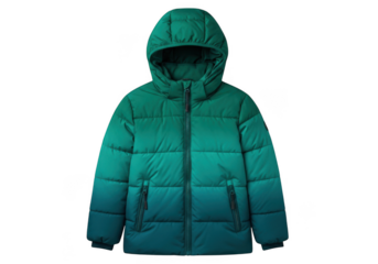 Teal and green gradient hooded puffer jacket for child isolated on transparent background