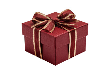 Obraz premium Red textured gift box with gold striped ribbon and bow on black present, Isolated On White Background, Png Transparent