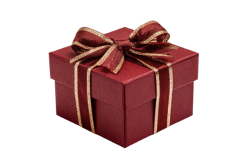 Red textured gift box with gold striped ribbon and bow on black present, Isolated On White Background, Png Transparent