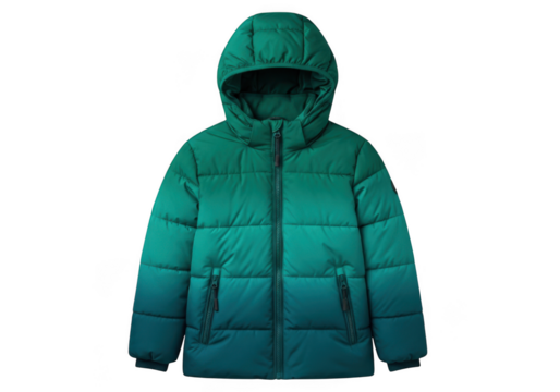Teal and green gradient hooded puffer jacket for child isolated on transparent background