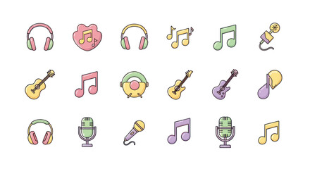 Collection of colorful music icons featuring headphones guitars and notes