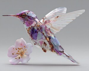 Fototapeta premium Intricate glass hummingbird sculpture hovering near a delicate pink blossom