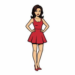 Confident woman in red dress standing with hands on hips for fashion style feminine elegance or model branding