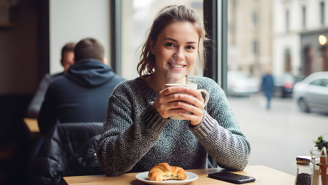 A smiling young woman enjoying a warm drink and a croissant at a cozy cafe.
