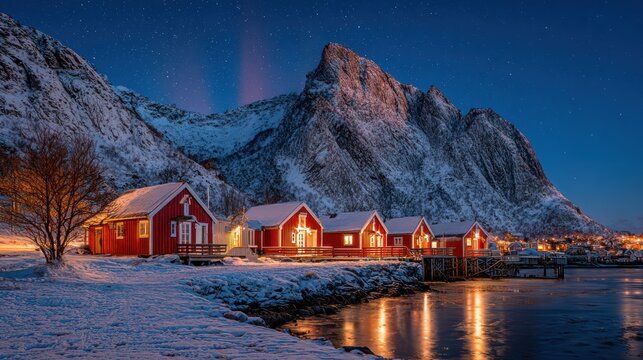 Snowy Coastal Village with Red Houses Under Starry Night Sky and Mountain Backdrop