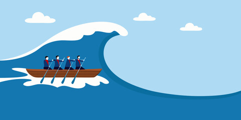 Teamwork in a stormy sea facing a giant wave