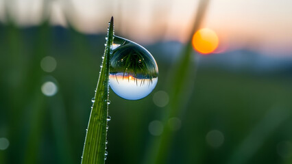 A close-up shot of a single dewdrop on a blade of grass, reflecting an inverted sunrise over a green field.