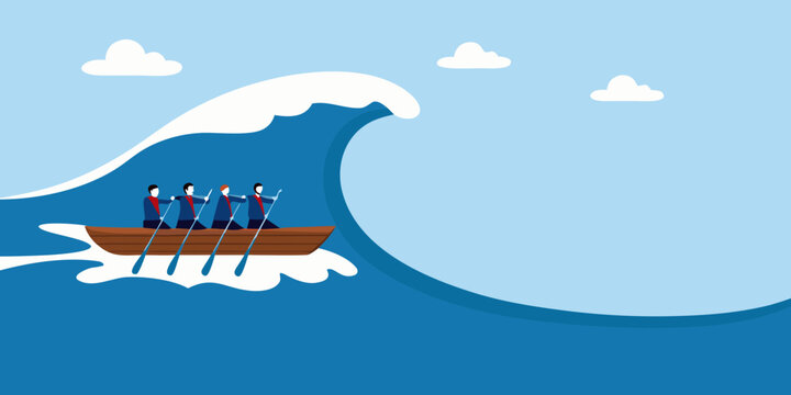 Teamwork in a stormy sea facing a giant wave