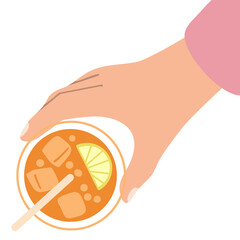 Top view of Woman hand holding refreshing drink. Summer beverage with ice and lemon slice. For party invitation, social media post, blog banner.