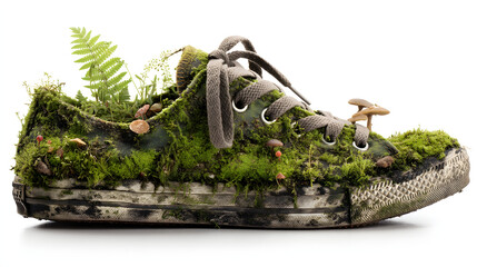 Moss-covered sneaker with mushrooms and ferns