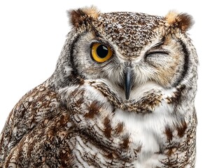 Obraz premium Close up portrait of a great horned owl winking isolated on white background