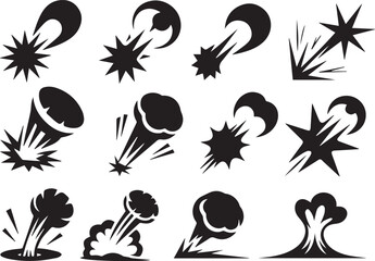 Cartoon explosion vector set of black comet effects on transparent background