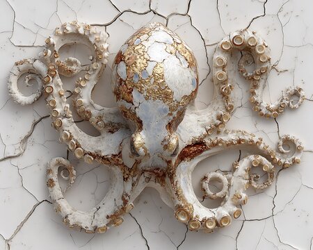 Ornate white and gold textured octopus sculpture on cracked surface