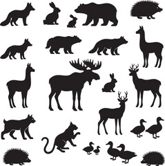 Black and White Wild Forest and Farm Animals Silhouettes Collection