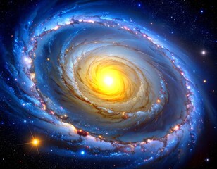 Spiraling cosmic structure with a bright golden core against a dark sky