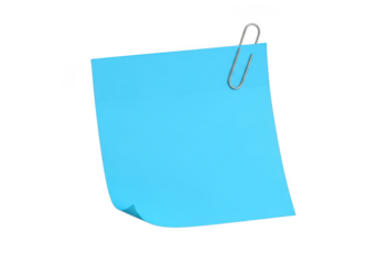 A single bright blue sticky note or memo paper held by a silver metal paperclip, isolated on transparent background