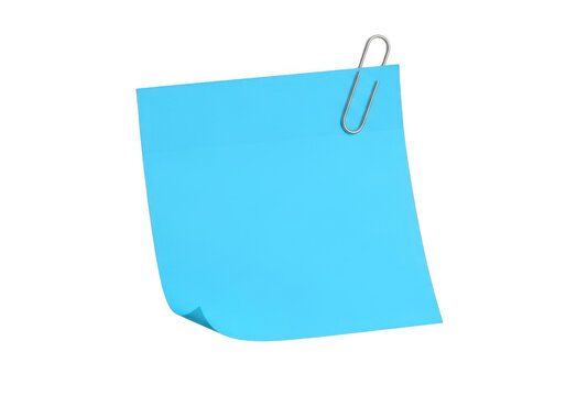 A single bright blue sticky note or memo paper held by a silver metal paperclip, isolated on transparent background