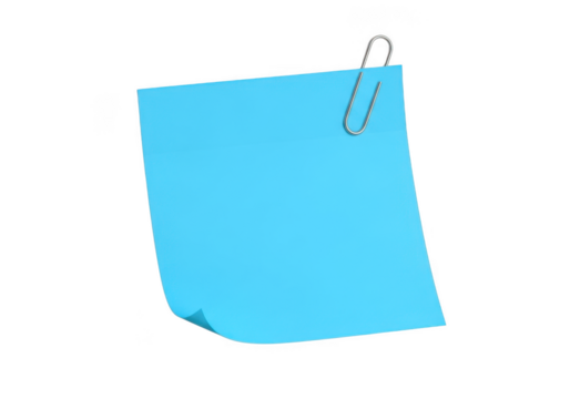 A single bright blue sticky note or memo paper held by a silver metal paperclip, isolated on transparent background - Powered by Adobe