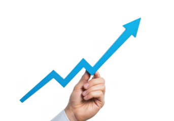 Hand holding a blue upward trending arrow graph symbolizing business growth, success, and positive financial development isolated on transparent background