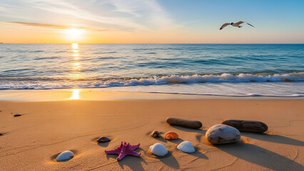 Golden sunset over a serene beach with seashells, pebbles, and a bird flying above the ocean waves.