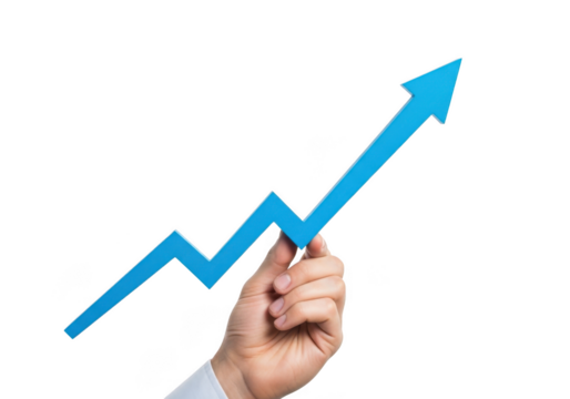 Hand holding a blue upward trending arrow graph symbolizing business growth, success, and positive financial development isolated on transparent background