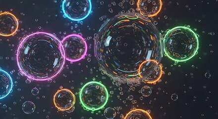 Abstract Neon Bubbles and Cells. Glowing fluorescent liquid structure, macro-view of biological or chemical molecules, modern cyberpunk background.
