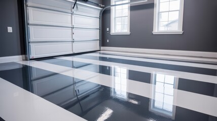 Obraz premium Striking garage interior with bold black and white striped epoxy flooring, offering a modern and clean aesthetic for home improvement projects