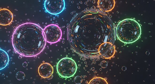 Abstract Neon Bubbles and Cells. Glowing fluorescent liquid structure, macro-view of biological or chemical molecules, modern cyberpunk background. - Powered by Adobe