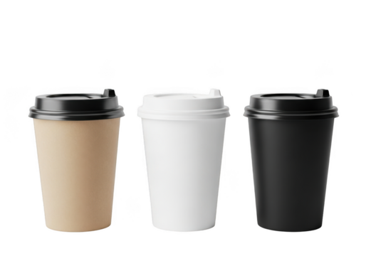 Three disposable coffee to go cups with black lid, brown, white, and black colors, isolated on transparent background - Powered by Adobe