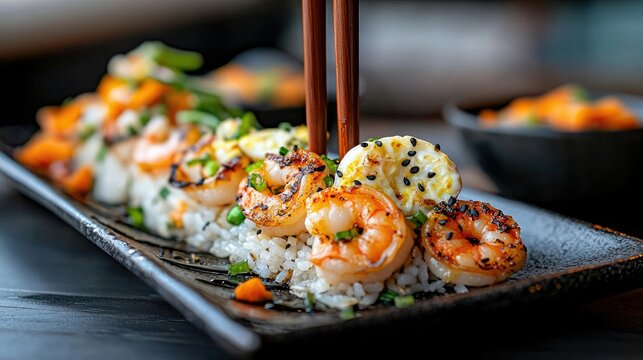 Close-up shot of sushi rolls with grilled shrimp, served on a black plate with chopsticks, showcasing a delicious Japanese cuisine.