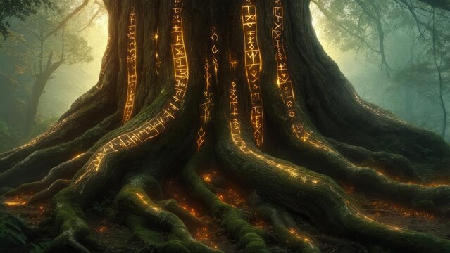 Massive tree trunk with glowing runes, roots in verdant forest, sunlit