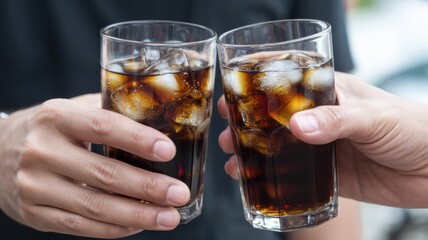 Cheers to friendship and good times with refreshing ice-cold sodas clinking together in celebration, perfect for summer gatherings and festive moments