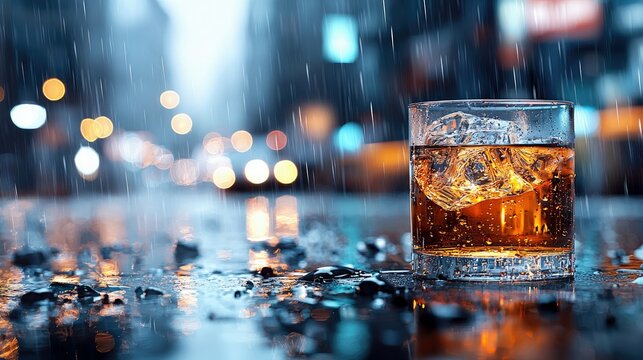 A glass of whiskey with ice cubes sits on a wet surface in the rain, with city lights blurred in the background. The scene evokes a mood of solitude and relaxat