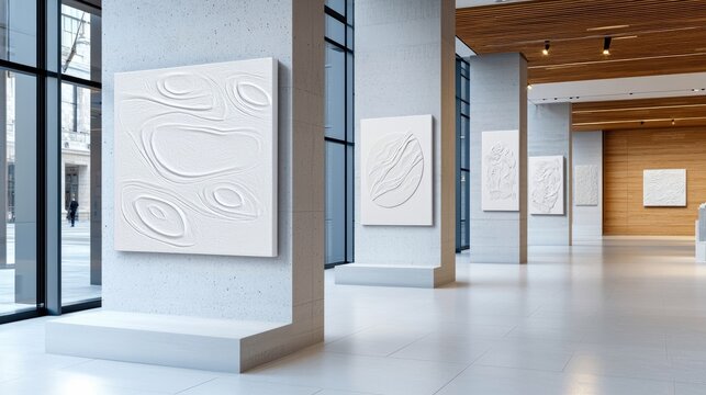 An art gallery interior featuring white abstract artwork displayed on the walls. The space is modern and minimalist with a clean design.