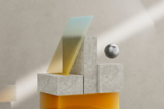 Concrete Blocks with Yellow Glass and Floating Sphere
