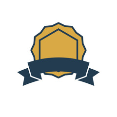 Gold hexagon badge with ribbon banner for award achievement quality seal or certification emblem branding design