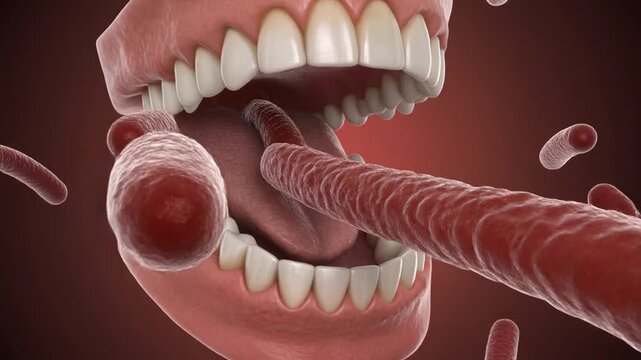 Produce a 3D animation showing bacteria entering the nose during breathing, bypassing nasal filters and traveling deeper into the airways. Highlight microbial motion and anatomical accuracy.
