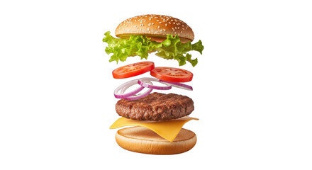Deconstructed Cheeseburger with Floating Ingredients on White Background product photography featuring burger, hamburger, cheeseburger isolated on white background for stock content use