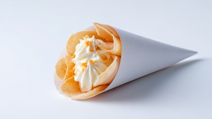 Delicious dessert treat featuring crispy potato chips paired with fluffy whipped cream and a sprinkle of zest in a paper cone on white background